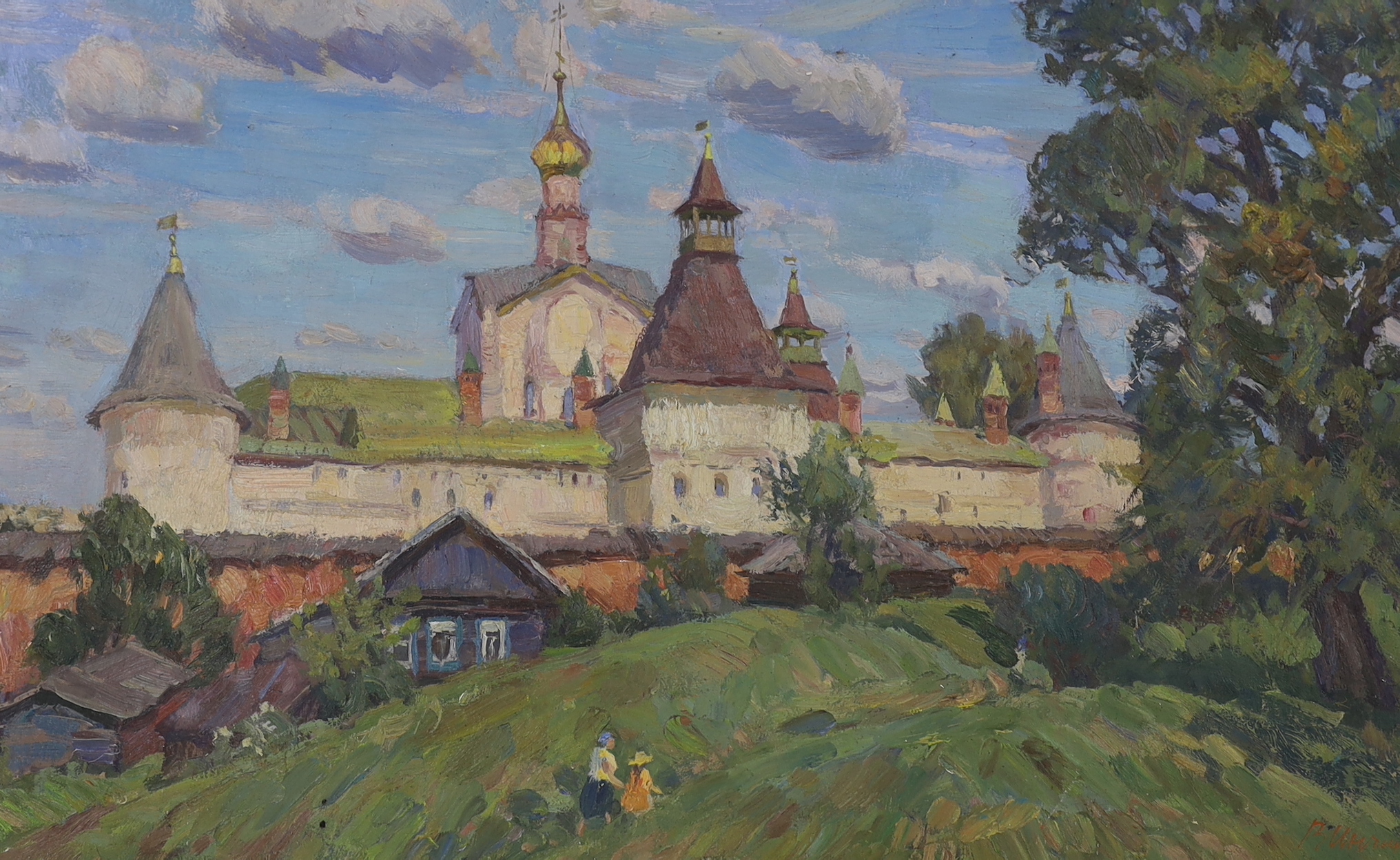 Russian school, oil on board, landscape, signed, inscribed in Cyrillic verso, 48 x 78cm